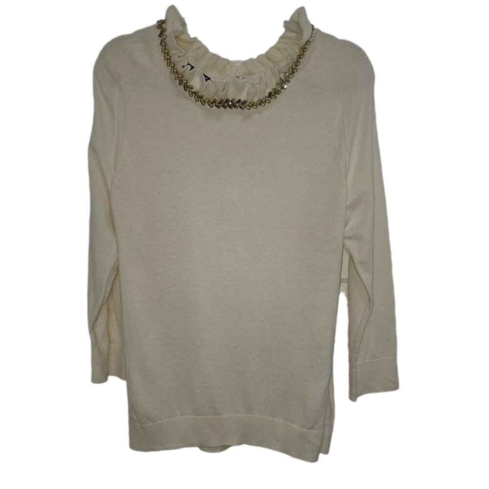 1233 Talbots rsvp Gold Beaded Ruffle Neck Back Tie Pullover Sweater Sz.L